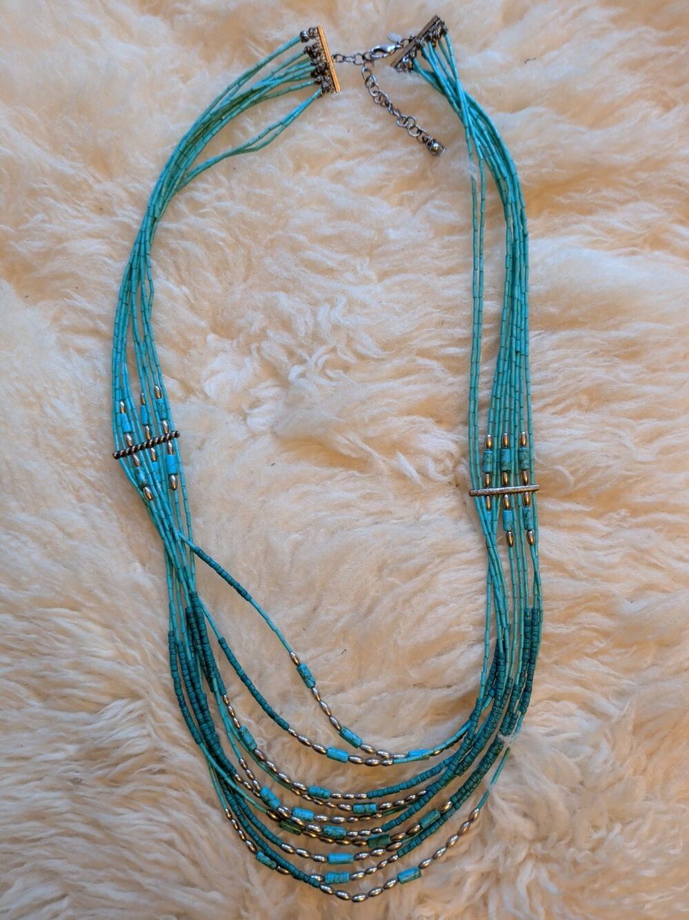 32-36" Chico's Faux-Turquoise Beaded Multistrand Necklace Silver Adjustable